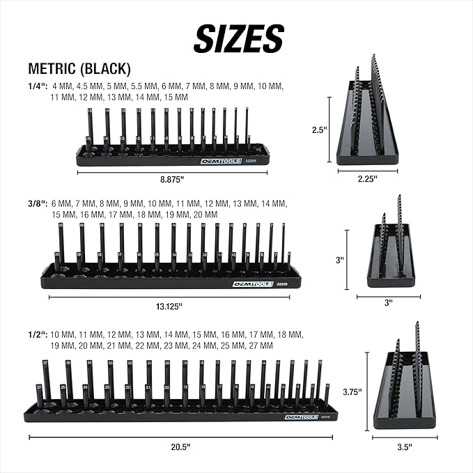 OEMTOOLS 22238 6 Piece SAE and Metric Socket Tray Set, SAE and Metric Socket Storage for Sizes 1/4", 3/8?? and 1/2" Drive, Socket Holders and Socket Organizer Tray for Toolbox, Black and Yellow