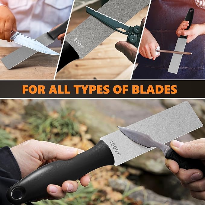 Feekoon 2 Pcs Dual Grit Diamond Sharpening Stone File Coarse 300# /Extra Fine 1000# Grit with Leather Sleeve Garden Tool Blade Sharpener for Knife, Axe, Lawn Mower Blade, Shears, Chisel Spade(Black)