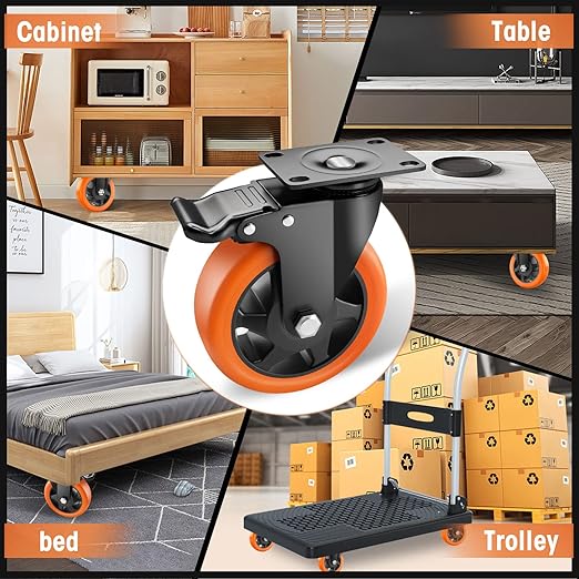 5" Caster Wheels - Orange Polyurethane Swivel Wheels With Top Plate - Set of 4 Heavy Duty Locking Casters for Furniture and Workbench - With Brake