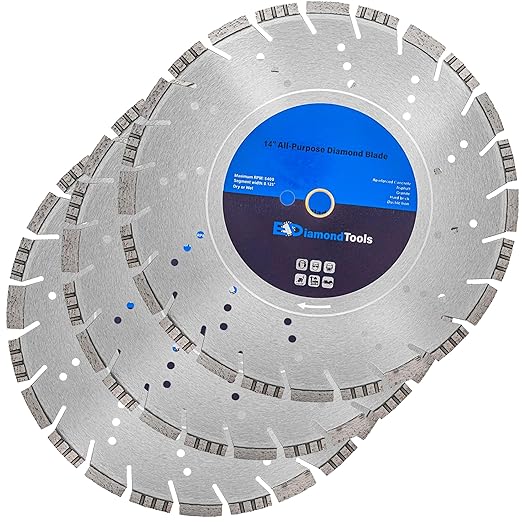 14" All Purpose Diamond Saw Blades for Hard/Reinforced Concrete, Asphalt, Granite, Terrazzo, Ductile Iron Piping, 4-5/8" Cutting Depth, 1" Arbor, 3 Pack
