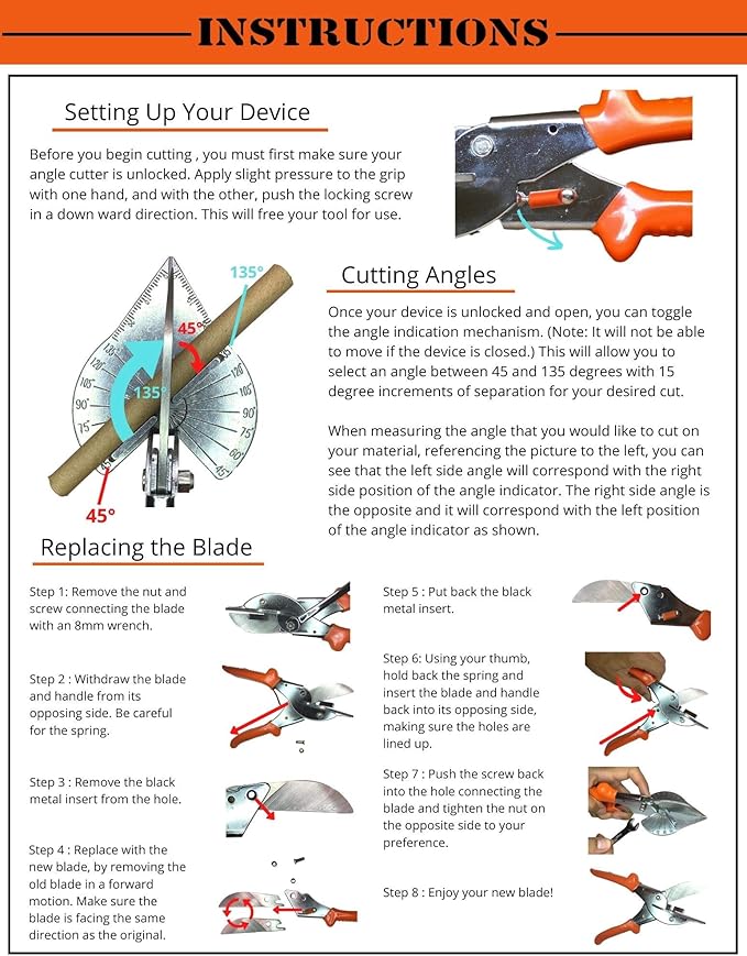 Multi Angle Miter Cutter | + Spare Blade | Hand Scissors Multipurpose Tool | 45-135 Degree Cutting | Stainless Steel, Rubber Handle & Safety Lock | Miter Shears, Trim, Chamfer & Quarter Round Cutters