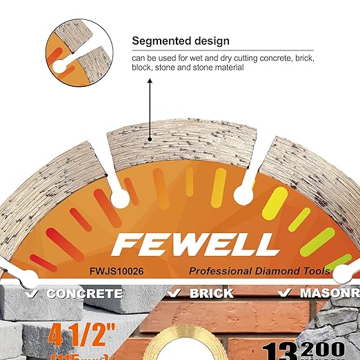 FEWELL 4 1/2 Inch Diamond Concrete Saw Blade,Segmented Concrete Blade for Angle Grinder Dry/Wet Cutting Masonry Brick Block Stone with 7/8"-5/8??Arbor