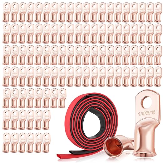 XHF 100PCS 1/0 AWG-5/16 Heavy Duty Battery Lugs With 3:1 Heat Shrink Tubing, Ring Terminals Cable Ends Copper Eyelets Electrical Connectors