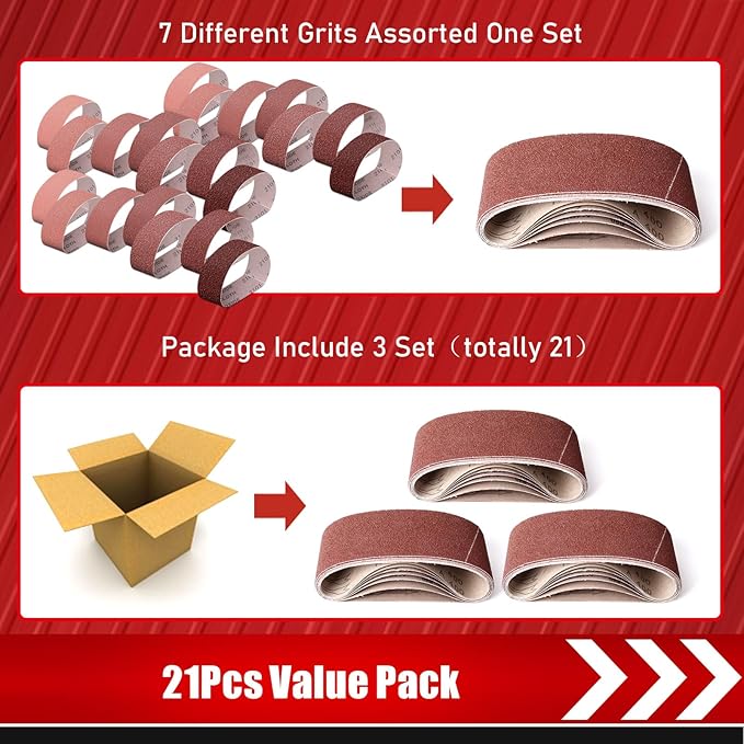 21 Pack 3 x 21 Inch Sanding Belts, 3x21 Belt Sander Sanding Belts 40/60/80/120/180/240/400 Grits Assortment Sanding Belt for Belt Sander Knife Sharpening Woodworking Metal Polishing