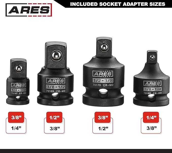 ARES 28000 - Impact 3-Inch Extension and Socket Adapter Set - Includes 3-Inch Extensions in 1/4-Inch Drive, 3/8-Inch Drive, and 1/2-Inch Drive, 2 Adapters, and 2 Reducers …
