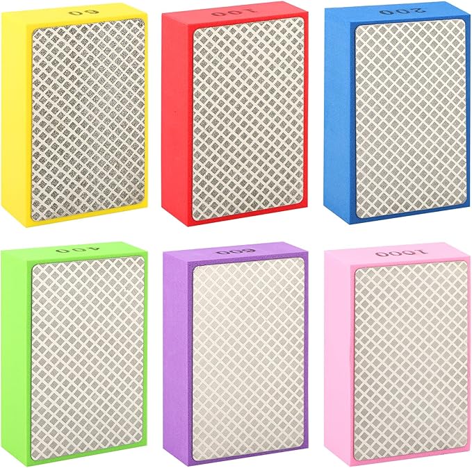 6 Pack Diamond Polishing Pads, Sanding Blocks, Tile Tools Foam Backing Diamond Sanding Pads Grit 60,100,200,400,600,1000 for Tile Glass Ceramic Wood Marble Metal