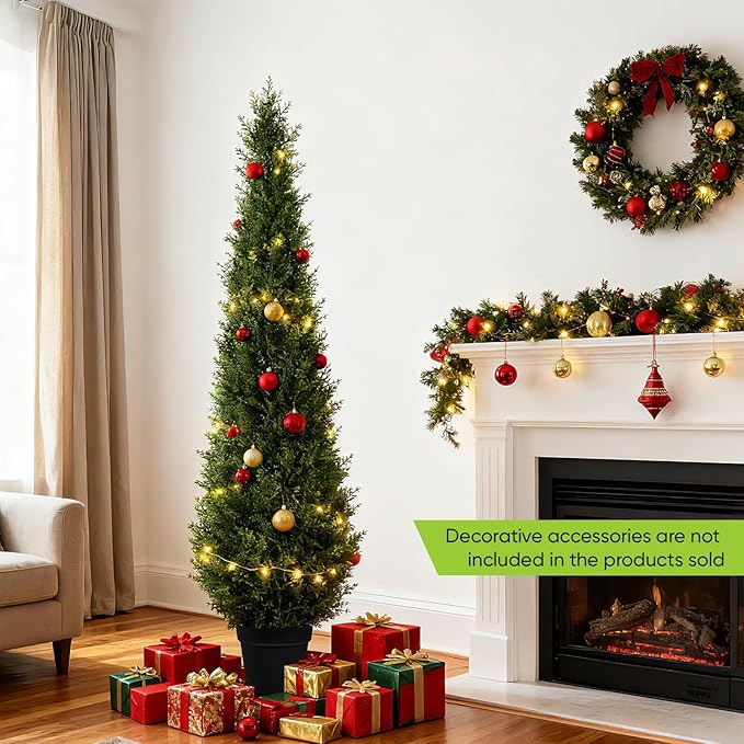 Artificial Trees for Outdoors, BUZIGUBY Artificial Cedar Topiary Trees, 5FT Topiary Trees Artificial Outdoors for Porch, Dense Arborvitae Tree for Front Door Patio Deck Balcony Yard Decor, 2 Pack