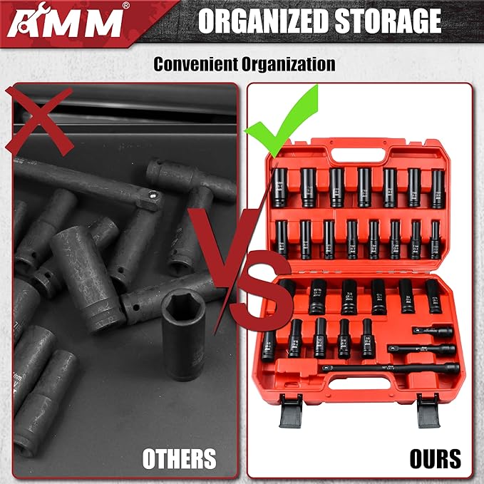 AMM 29PCS 1/2" Drive Impact Socket Set, 1/2" Deep Socket Set with Extension Bar, Cr-V Steel, 6 Point, SAE (3/8 "- 1") and Metric (10mm-24mm)
