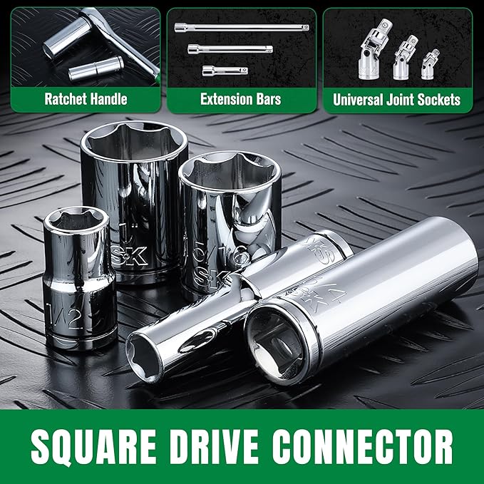 SK 1/2" Drive Socket Set, Deep SAE Sockets, 11-Piece 7/16" to 1-1/16", SuperKrome Finish, Premium CR-V Construction, with Aluminum Socket Organizer