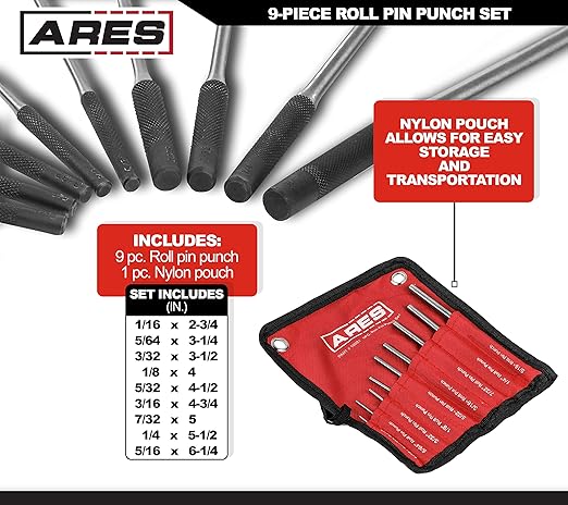 ARES 10021 ??9-Piece Roll Pin Punch Set ??Durable Heat Treated and Drop Forged Steel Pin Punches with Pouch -Ideal for Automotive Repair, Gunsmithing, Craft Work, and Jewelry Repair