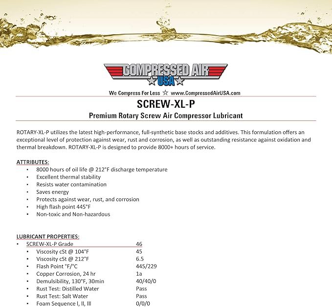 Premium 8000 Hour Rotary Screw Air Compressor Lubricating Oil - CompressedAirUSA - XL - Extended Life Oils (5 Gallon)