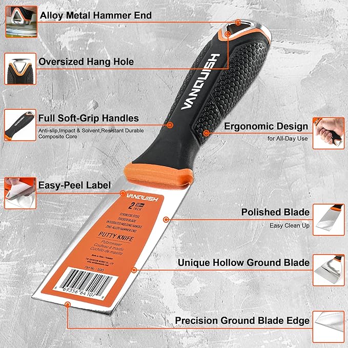 VANQUISH Stainless Steel Putty Knife, 2 Inch Paint Scraper with Soft Grip Handle and Metal Hammer End for Drywall Spackle, Taping, Scraping Paint 3583