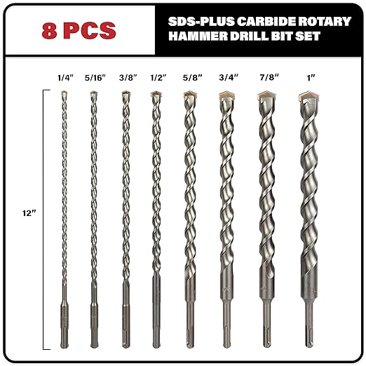 8-Piece 12in SDS Plus Drill Bits for Brick, Stone, Concrete, 1/4in x 12in, 5/16in x 12in, 3/8in x 12in, 1/2in x 12in, 5/8in x 12in, 3/4in x 12in, 7/8in x 12in, 1in x 12in (12" 8-Piece Set)