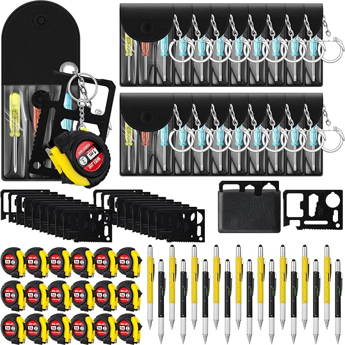 72 Pcs Mini Tape Screwdriver Keychain Set Valentine's Day Men Gifts Bulk Employee Appreciation Gift Bulk Multitool Pen Card for Adult Tool Party (Yellow,Black)
