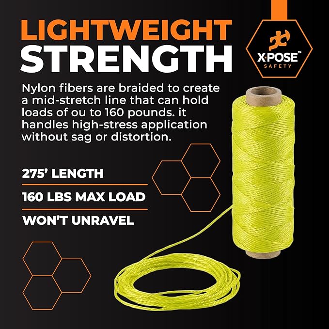 Xpose Safety Green Mason Line String ??#18 Braided Nylon Twine ??275 Ft Durable Construction Line for Masonry Tools, String Level, Landscaping, and Gardening