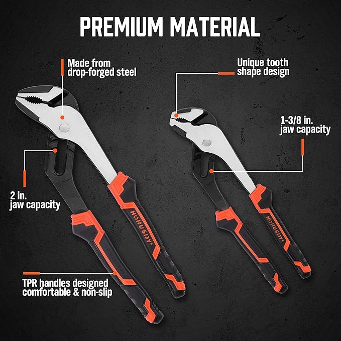 HORUSDY 2-Piece Groove Joint Plier Set, 8" & 10" Adjustable Water Pump Pliers, Straight Jaw Tongue and Groove Pliers for Plumbing, Pipe Fittings, Nuts, Bolts, and Home Repair