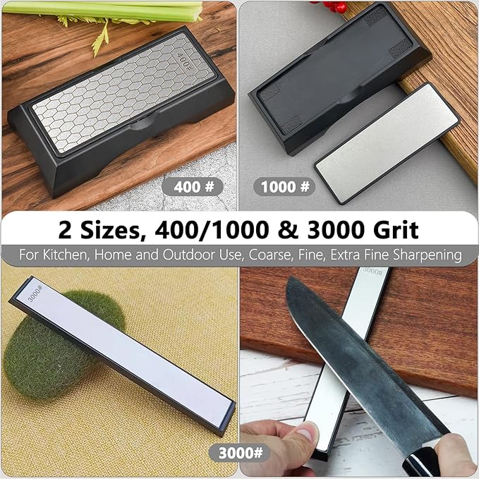 Diamond Sharpening Stone Set, Knife Sharpener Stone, Double-sided Coarse 400 / Fine 1000# | Extra Fine 3000 Grit, 2 Sizes Whetstone Tool with Non-Slip Base, Diamond Plate Honing Stone, Hone Sharpener