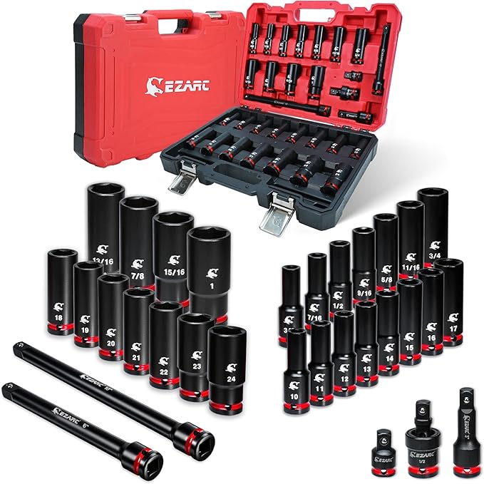 EZARC 1/2" Drive Impact Socket Set, 31-Piece SAE (3/8?? in) and Metric (10??4 mm) Deep Sockets, CR-V Material, 3/6/10 in Extensions, Universal Joint & Adapter, Storage Case
