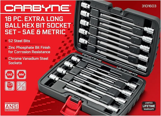 CARBYNE 18-Piece Extra Long Hex (Allen) Bit Socket Set, Ball End | SAE & Metric, S2 Steel Bits, CrV Sockets, Corrosion Resistance, Durable Storage Case | 1/8''-3/8'' SAE / 3mm-10mm Metric, 3/8" Dr.