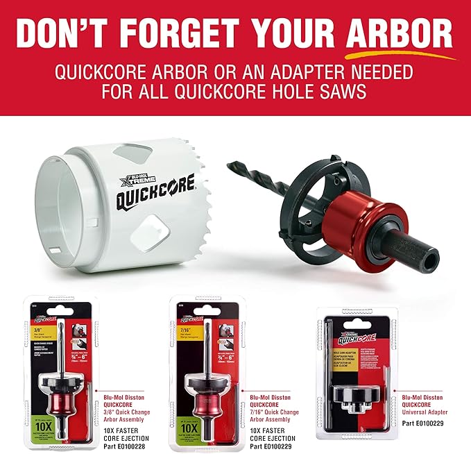 Disston QUICKCORE 13 pc Set - 3/4", 7/8", 1 1/8", 1-3/8", 1-1/2", 1-3/4", 2", 2 1/8",and 2-1/2" Hole Saws, & Quick Change Arbor, Part E0100231