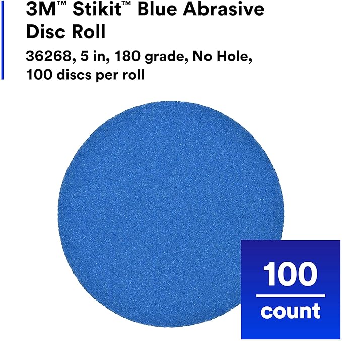 3M Stikit Blue Abrasive Disc Roll, 36268, No Hole, 5 in, 180+ Grade, Pack of 100, Automotive Sanding Discs for Coating Removal, Body Repair, Auto Sanding, Primer Sanding