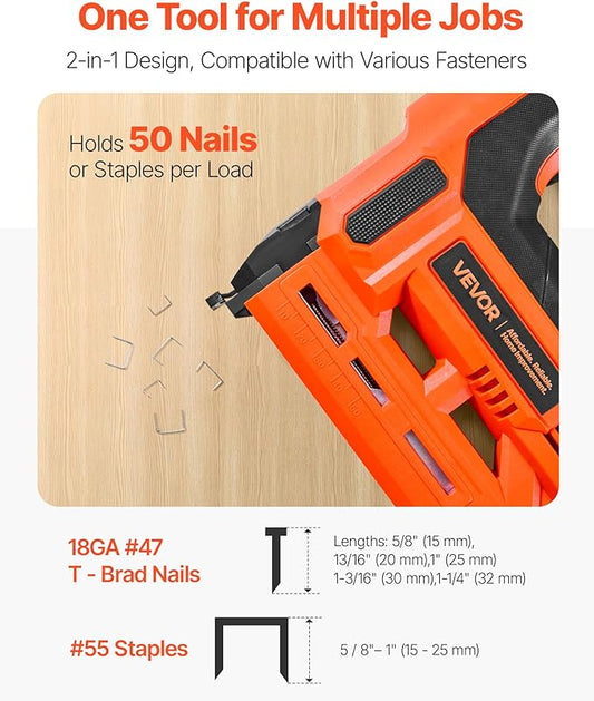 VEVOR Cordless Brad Nailer, 2-in-1 Nail Gun Staple Gun, 18 Gauge 1-1/4 inch, Includes 500 Pcs Staples and 500 Pcs Nails, with Battery and Charger, Non-Slip Rubber Grip, for Woodworking DIY Projects