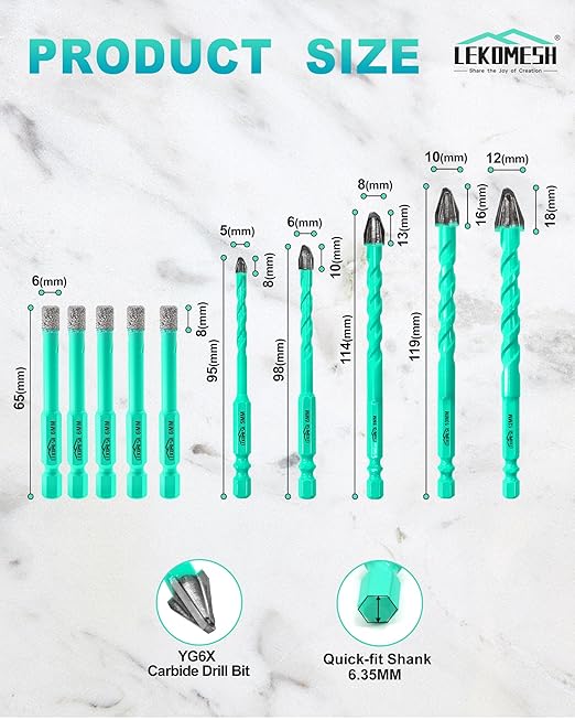 10PCS Nine Blades Serrated Carbide Masonry Drill Bit Set - 5pcs 1/4 Tile Bits & 3/16",1/4",5/16",3/8",1/2" Wood Drill Bits for Wood Plastic Masonry Brick Tile Glass Concrete Marble