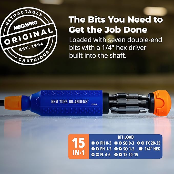 MEGAPRO짰 NHL짰 Team Edition Multi-bit Screwdriver | Officially Licensed NHL짰 Gear | Durable, Ergonomic, Pro-Grade Screwdriver (New York Islanders짰)