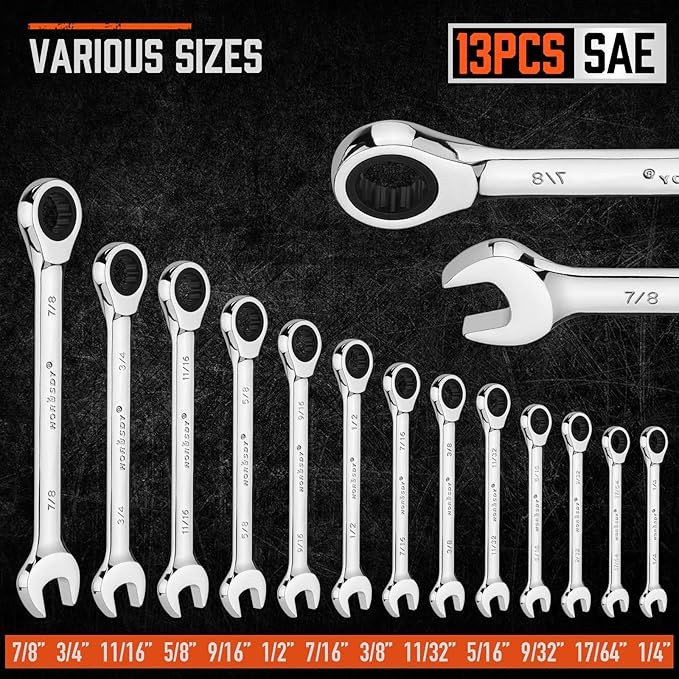 HORUSDY 13-Piece Sturdy Ratcheting Wrench Set | SAE 1/4''??/8'' | Max Torque Ratchet Combination Wrenches Set with Storage Rack | 72-Tooth | Chrome Vanadium Steel