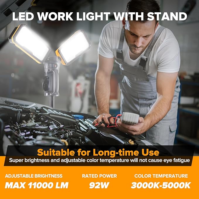 LUTEC ?륶pgraded??6290Max 11000 Lumen 92W Dimmable LED Work Light with Telescoping Tripod, Adjustable Color Temperature Dual-Head Work Light with Stand and 8 Ft 3-Prong Power Cord