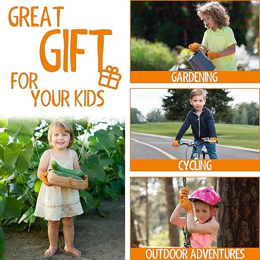 HANDLANDY Kids Genuine Leather Work Gloves for ages 3-11, Children Gardening Gloves for Boys, Girls (Medium (for age 5-7), Orange)
