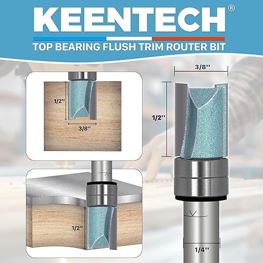 KEENTECH Router Bits 1/4" Shank, Flush Trim Router Bit, Top Bearing Carbide Tipped Pattern Bit, Wood, 1/4"(Shank)*3/8"(Dia.)*1/2"(Depth)