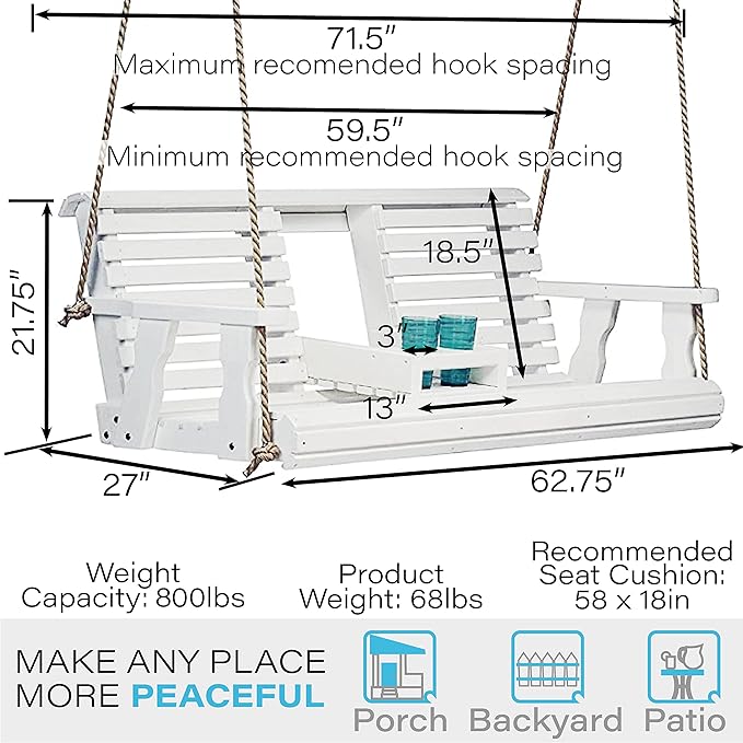 Porchgate Amish Heavy Duty 800 Lb Rollback Console Treated Porch Swing with Hanging Ropes (Semi-Solid White Stain)