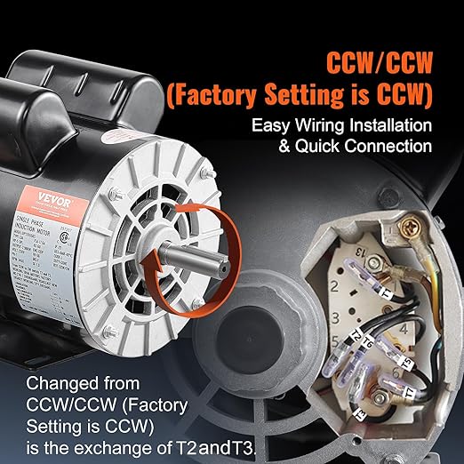 VEVOR 5HP SPL Air Compressor Electric Motor, 230V 17.6Amps, 56 Frame 3450RPM, 5/8" Keyed Shaft, 1.88" Shaft Length, Single Phase, CW/CCW Rotation (Factory Setting is CCW)