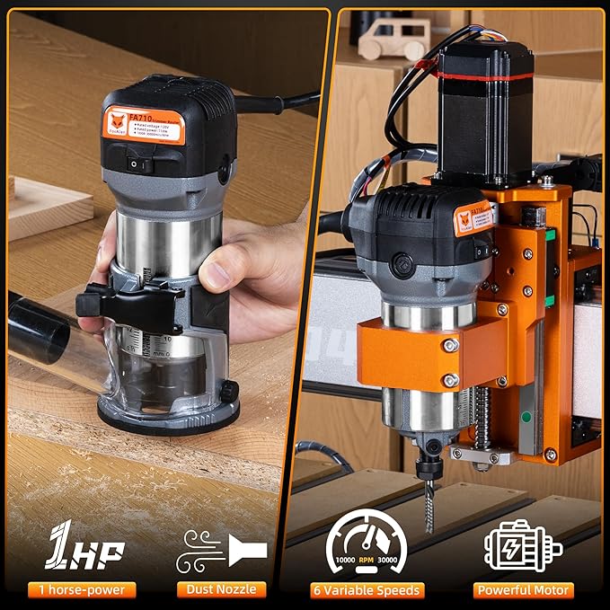 FoxAlien 1HP 710W 65mm Diameter Compact Palm Router for CNC Woodworking,6 Variable Speeds Max 30000 R/MIN Wood Trimmer with 1/4??Collet (110V)