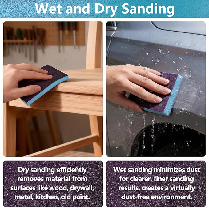 18 Pack Double-Sided Sanding Sponge, Wet Dry Sanding Blocks 120 Grit Washable Sandpaper Sponge Assortment Pack for Curved Wood Furniture Paint Drywall Metal