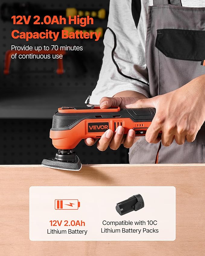 VEVOR Cordless Oscillating Tool, 12V Multitool Oscillating Saw Tool with 6 Variable Speeds 6000-17500 OPM, 3.2째 Oscillation Angle, 2.0Ah Battery Pack & Charger, 8PCS Saw Accessories & LED Work Light