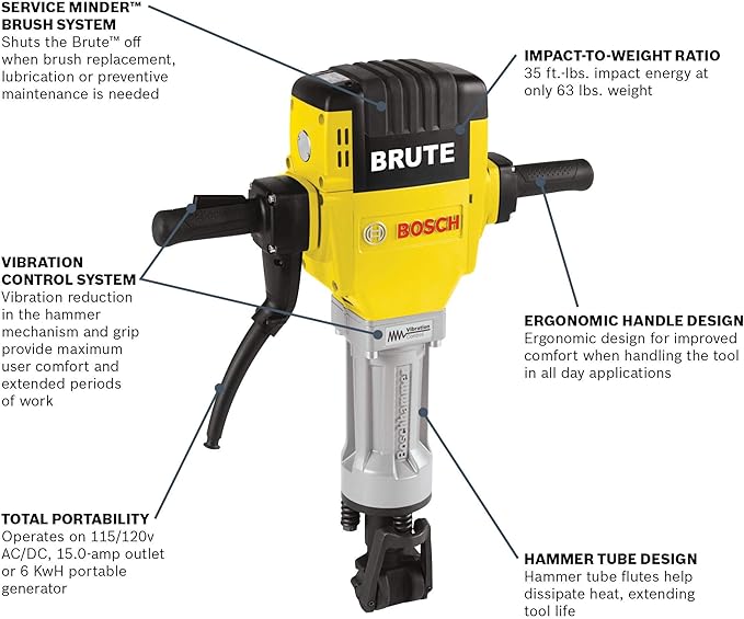 BOSCH BH2760VC Brute Breaker Hammer -1000 Blasts Per Minute, 35 Ft.-Lbs. Impact Energy, Vibration Control, Service Minderbrushes, Grease-Packed Gearbox - Ideal for Heavy-Duty Concrete and Asphalt Work
