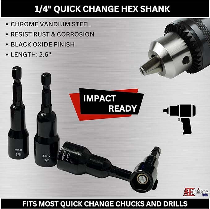 ATE Pro. Tools - 12 Piece Magnetic Nut Driver Set, SAE & Metric, 1/4" Hex Shank, Quick-Change, Premium Impact Power Hex Nut Driver Drill Bit Master Kit, SAE 1/4" to 9/16", Metric 8-14mm, Cr-V Steel