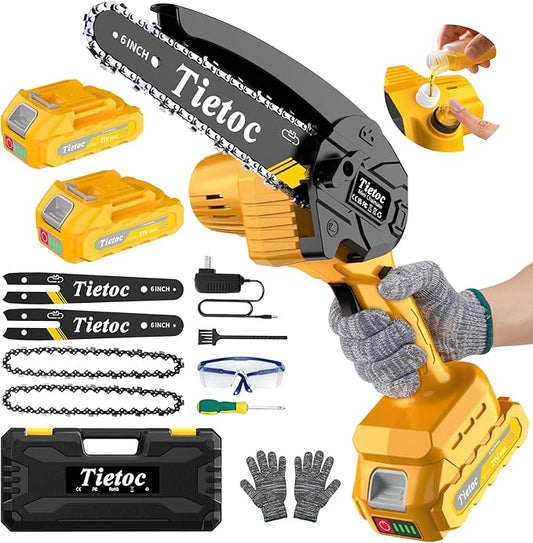 Mini Chainsaw Cordless,6 Inch Portable Electric Chainsaw with 2 Battery 2 Chains,Battery Powered Small Handheld Chain Saw with Automatic Oiler,for Tree Trimming,Cutting Wood,Garden Tool,Gift for Men
