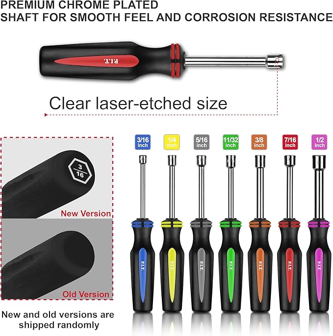 P.I.T. 7-Pieces SAE Nut Driver Set,Solid Shaft Nut Drivers (3/16, 1/4, 5/16, 11/32, 3/8, 7/16, 1/2 Inch) With Color Coded Nonslip Comfort TPR Hand Grips,Standard Sizes Hex Deep Nut Driver Set