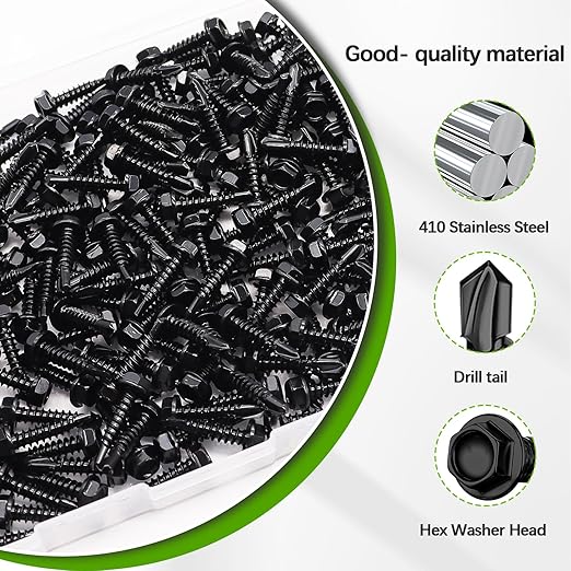 mxuteuk #8횞3/4" Self Tapping Screws,410 Stainless Steel Self Tapping Screws for Metal,Self Drilling Screws,Hex Washer Head Screws Suitable for Wood, Metal or Tough Materials (180PCS)