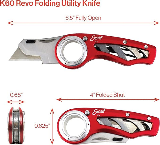 Excel Blades Revo Folding Utility Knife ??Heavy-Duty Box Cutter with Aluminum Body, Quick-Change #92 Blades, 3 Lock Positions Design, Anti-Slip Finger Loop Grip, Holster Included ??Red