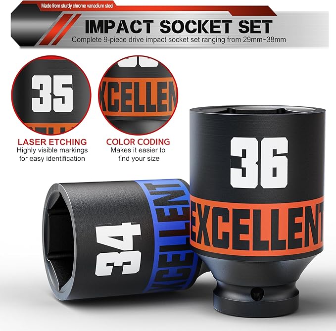 9 Piece 1/2-Inch Drive Impact Socket Set, 29-38mm Alxe Nut Sockets, 6 Point Metric Sockets for Automotive Repair, Equipment Maintenance