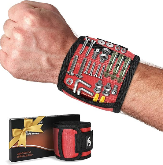 HiRui Magnetic Wristband for Tools ??Ultra-Strong 15 Neodymium Magnets Hold Screws, Nails & Bits, Dual Pockets ??Hands?멑ree for DIY, Home Repairs, Auto ??Gift?멢eady for Dad, Husband, Grandpa (Red)