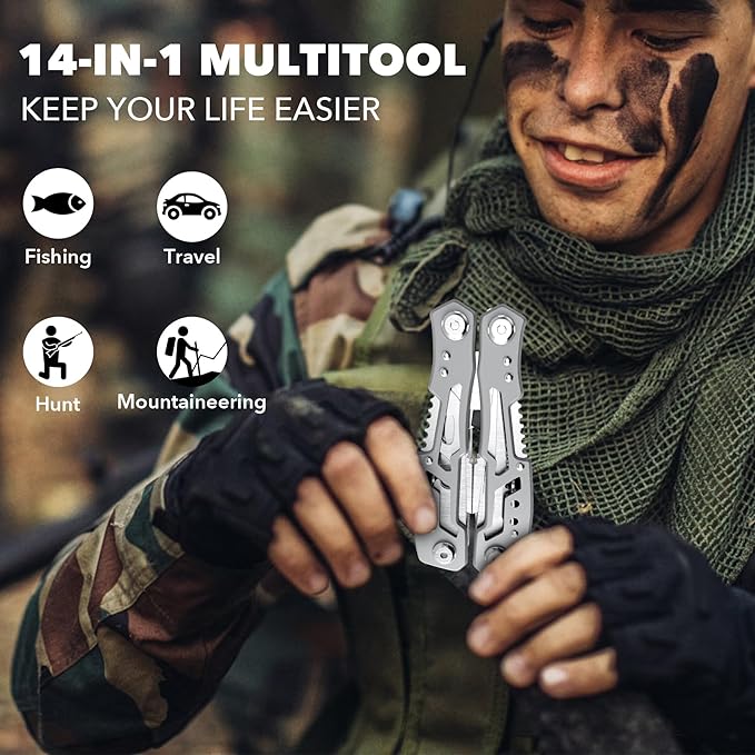 14-In-1 Multitool Pliers竊똏remium Portable Multi Tool 竊똷ith Safety Locking Professional Stainless Steel Multitool Pliers Pocket Knife,Apply to Survival, Camping, Gifts for Dad Husband Boyfriend