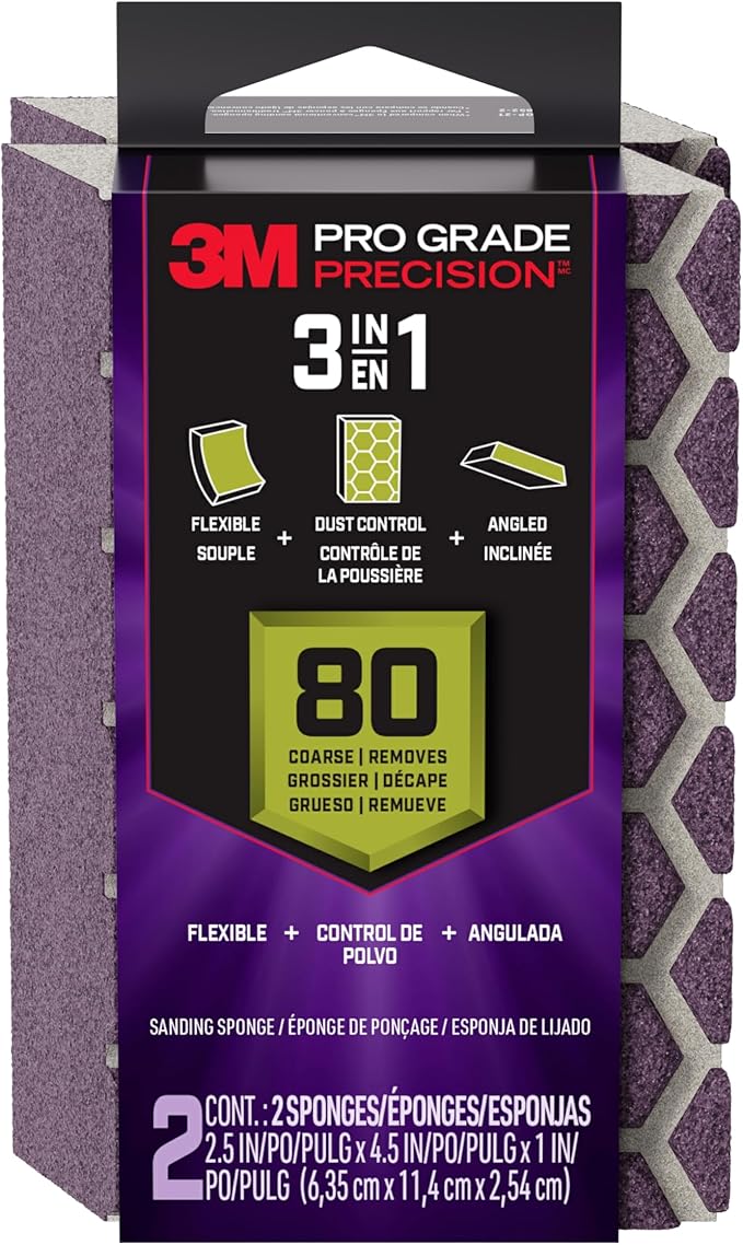 3M Pro Grade Precision 3-in-1 Sanding Sponge, 80 Grit Coarse, 2 Sponges, Washable & Reusable, for Wood, Metal, Drywall, and Heavy Material Removal ??Flexible Foam, Contoured, Angled, Flat
