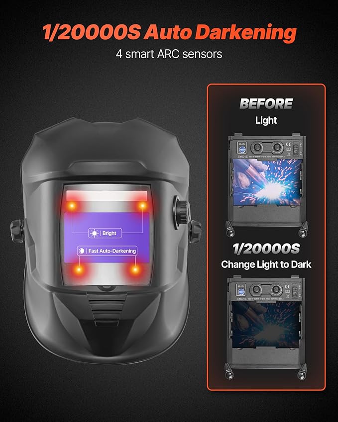 VEVOR Welding Helmet Auto Darkening, 3.94" x 2.34" True Color Welding Hood, Solar-Powered Welder Mask with 4 Arc Sensors, Wide Shade 4/5-9/9-13 for TIG MIG ARC Weld Grinding Cutting - METIS Series