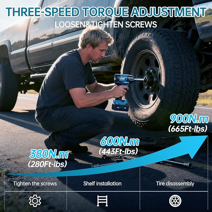 Tilswall Impact Wrench 1/2 Impact Gun,2500RPM,3-Speed Torque Settings (380/600/900N.m),20V Electric Cordless Impact Wrench Driver,3/8" Adapter,4Ah Battery & 2.0Ah Fast Charger for Home Car Truck Tools