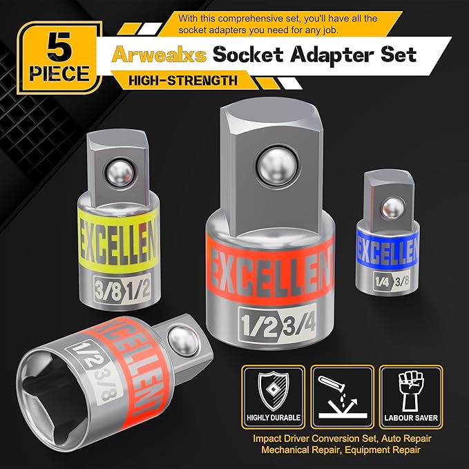 5 Piece Socket Adapter and Reducer Set, 1/4" 3/8" 1/2" Drive Impact Socket Adapter Set for Impact Driver Conversions and Power Drill